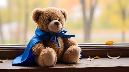 A cute brown teddy bear wearing a blue superhero cape sits thoughtfully on a wooden windowsill with autumn leaves outside