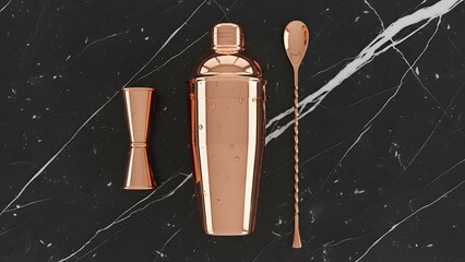 A sleek set of rose gold bar tools, including a shaker, jigger, and long spoon, arranged neatly on a dark marble surface