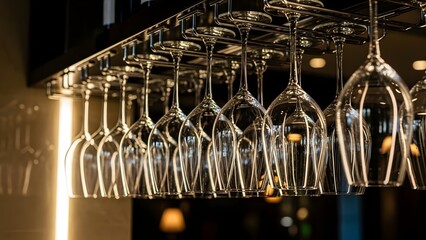 Clear wine glasses hang elegantly upside down above a dimly lit bar.
