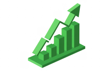 Green 3D bar chart with arrows green bar chart 3D chart isolated on a transparent background