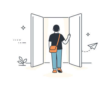 New Beginnings. New chapter in life. A person standing at an open doorway with soft light coming through. Quiet confidence and hopeful transition mood with