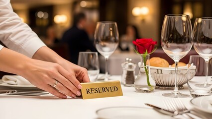 A person's hands carefully place a "Reserved" sign on an elegantly set dining table.