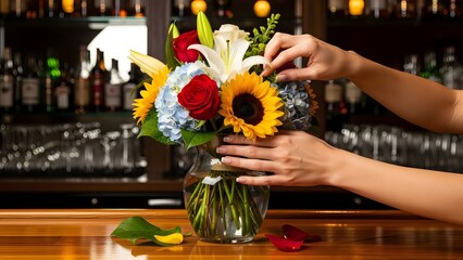 Female hands meticulously arrange a diverse bouquet with sunflowers in a vase.