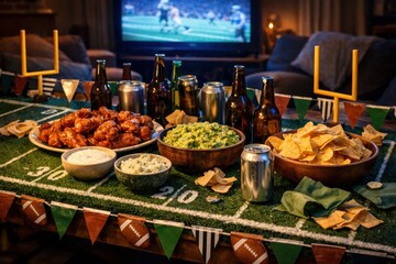 American football watch party table with chicken wings chips and beer. Concept of cozy game night mood, home entertainment, fan gathering atmosphere for advertising and social media.