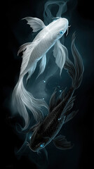 Elegant anime style illustration of black and white koi fish swimming in a yin yang formation glowing in dark water