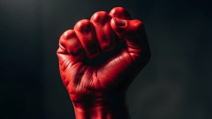 A strong, defiant red painted fist rises from a dark background, symbolizing resistance.