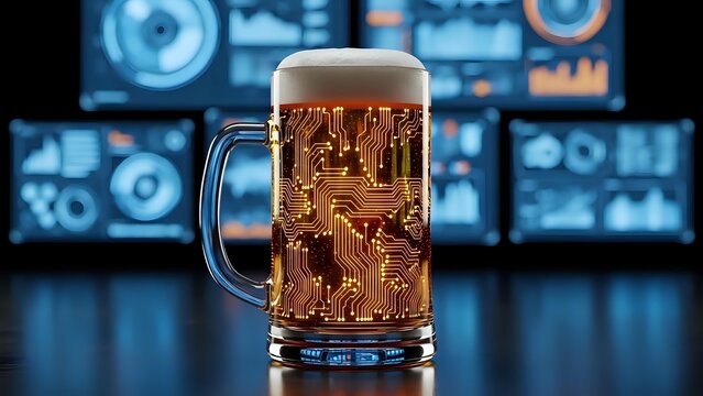 Digital beer mug with circuit board pattern and foam head on tech background for cyberpunk themed designs and futuristic beverage concepts.