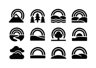 Fototapeta premium Nature's Rainbow Icons. Rainbows in nature. Solid icon set of Rainbows in nature: rainbow over mountain, forest rainbow, ocean rainbow, valley arc, river