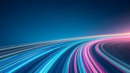 Vibrant light trails create dynamic sense of motion against blue background
