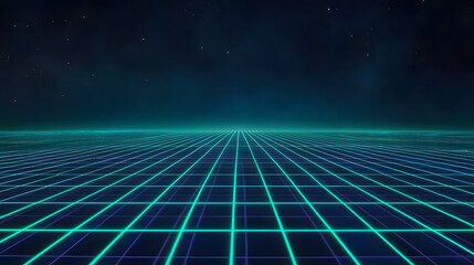 Futuristic grid landscape with neon colors and starry sky evokes sense of vastness and depth
