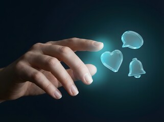 A human hand reaching out to interact with glowing blue digital icons representing social media notifications and engagement.