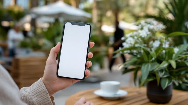 Close-up of hands holding a smartphone vertically with empty screen, blurred cafe or outdoor background, devices with empty screens, mobile technology, and versatile stock photogra