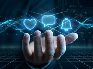 A human hand holding glowing blue social media icons like, comment, and notification in a futuristic digital environment.