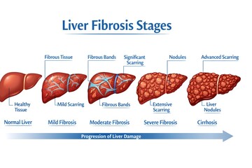 Vector medical illustration of Liver fibrosis stages clean labeled progression 