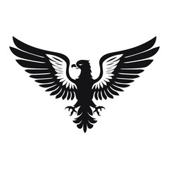 Black silhouette of a soaring eagle in flight against a white background showcases its wings and shape clearly