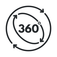 Vector design of an angle degrees icon showing 360 degrees with circular arrows indicating motion in a simple format