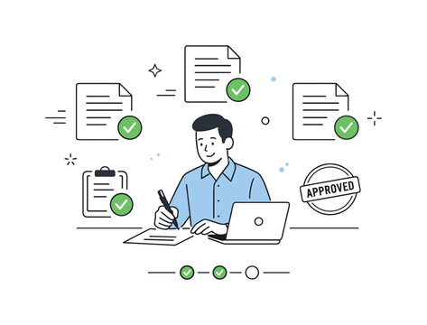 Efficient Document Approval. Document approval process. A manager approving files with checkmarks on a clean interface. Sense of control and efficiency,