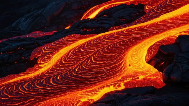 Molten River of Fire: Witness the raw power of nature as a river of molten lava flows, its fiery glow illuminating the surrounding landscape, a testament to Earth's primal energy.