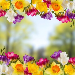 Floral Frame with Daffodils and Freesias in Spring Garden.