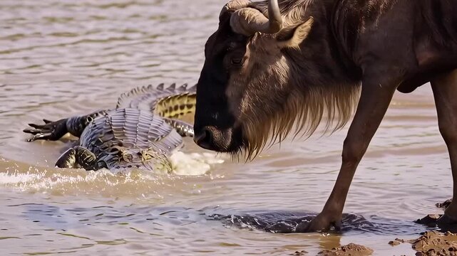 Wildebeest drinking water from a river unaware of the lurking crocodile.