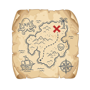 A vintage treasure map, complete with iconic symbols. This aged map guides the way to a hidden treasure, marked by a bold red X.