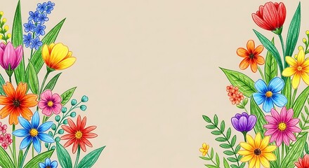 Floral Frame with Colorful Flowers and Green Leaves Illustration.