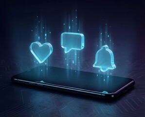 Holographic social media icons floating above a smartphone, representing digital communication and notifications.