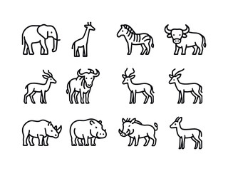 Fototapeta premium Savanna Herbivore Icons. Savanna Herbivores. Line icon set of Savanna Herbivores: elephant, giraffe, zebra, buffalo, antelope, wildebeest, impala, gazelle,