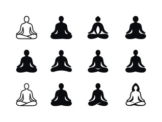 Meditative Icons Grid. Quiet reflection. Icon set. Set Logo of quiet reflection: person in meditative pose. harmonious logo variations of the same emblematic