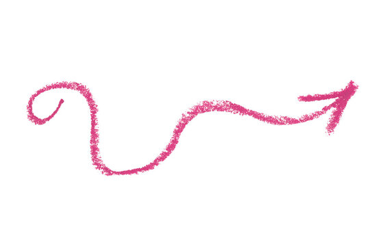Hand drawn squiggly pink arrow in oil pastel. grainy texture with authentic crayon arrow