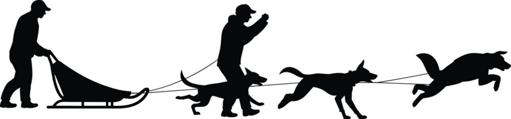 Dog sled racing silhouette, musher controlling sled dogs in winter sport, arctic adventure, teamwork, speed, motion, training, competition, outdoor activity © Akhi's orld