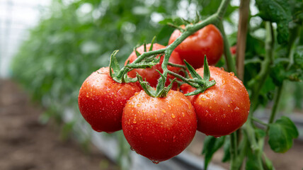 Close-up of ripe tomatoes with water droplets on the vine.