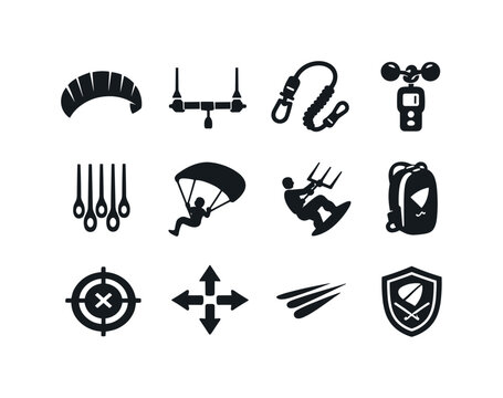 Kite Sports Icons. Kite sports. Solid icon set of kite sports: power kite, kite bar grip, safety leash, wind meter, traction lines, gliding figure, jump