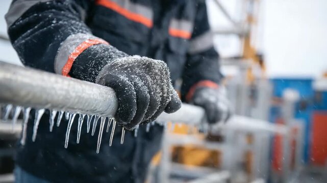 Detailed macro shot of gloved hands gripping a snow-covered industrial pipe, icicles forming on edges, blurred machinery in background, winter work, outdoor industry, and cold clim