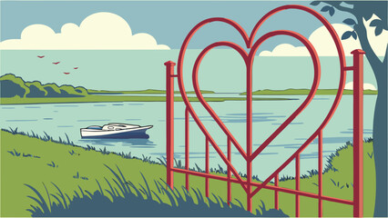 Red heart shaped gate on green grassy hill by serene lake with boat under blue sky
