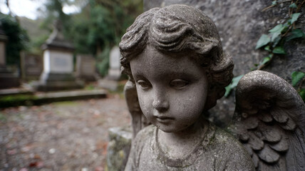 Fototapeta premium Stone angel statue in a cemetery surrounded by greenery.