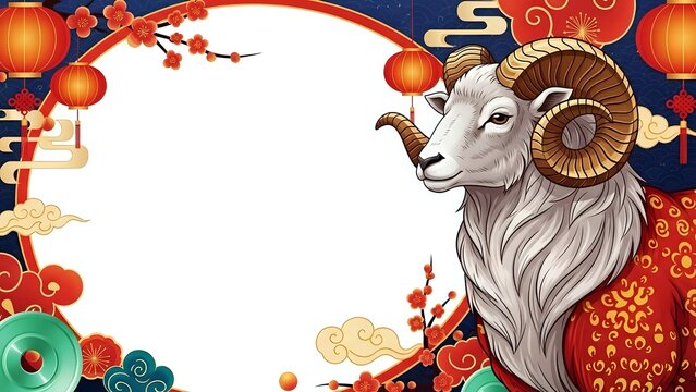 Chinese New Year ram goat zodiac animal with red lanterns and traditional decorations on white background for greeting cards and festive designs.