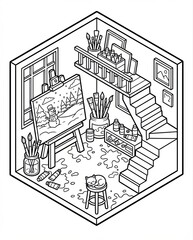 Obraz premium remote work lifestyle Isometric Art Studio Illustration with Cozy Cat and Painting Supplies digital workplace concept