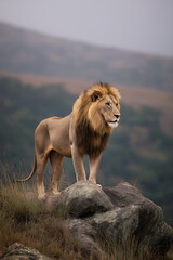 a male lion standing on a rock outcropping looking over a valley

