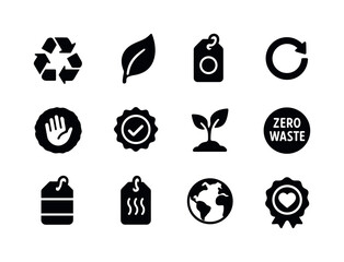 Eco-Friendly Icon Set. Eco-conscious branding. Solid icon set of eco-conscious branding: recycling symbol, leaf emblem, sustainable tag, circular arrow badge,