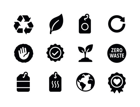 Eco-Friendly Icon Set. Eco-conscious branding. Solid icon set of eco-conscious branding: recycling symbol, leaf emblem, sustainable tag, circular arrow badge,