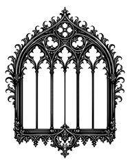 ornate gothic inspired cathedral window illustration with intricate baroque floral frame and pointed arch tracery in elegant black and white line art design