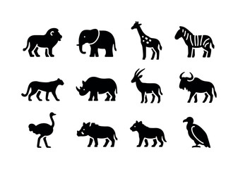 Fototapeta premium Savanna Animal Icons. Savanna Animals. Solid icon set of Savanna Animals: lion, elephant, giraffe, zebra, cheetah, rhinoceros, antelope, wildebeest, ostrich,