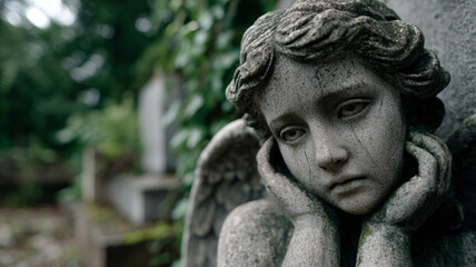 Close-up of a stone angel statue with a solemn expression.