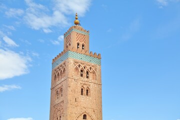 Marrakesh city landmark in Morocco. Koutoubia Mosque minaret tower.