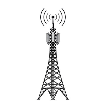 black vector illustration of a precise schematic cellular monopole tower with intricate lattice truss network, emitting concentric radio waves on a transparent background. concept of global digital