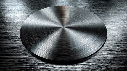 Silver brushed metal texture background with radial polished circular button or knob center. Industrial stainless steel or aluminum surface macro closeup