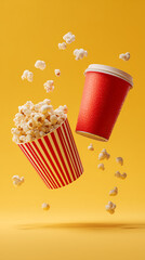 Popcorn bucket and cola drink cup floating on mid air on pastel yellow background. Fast food, Classic movie snack