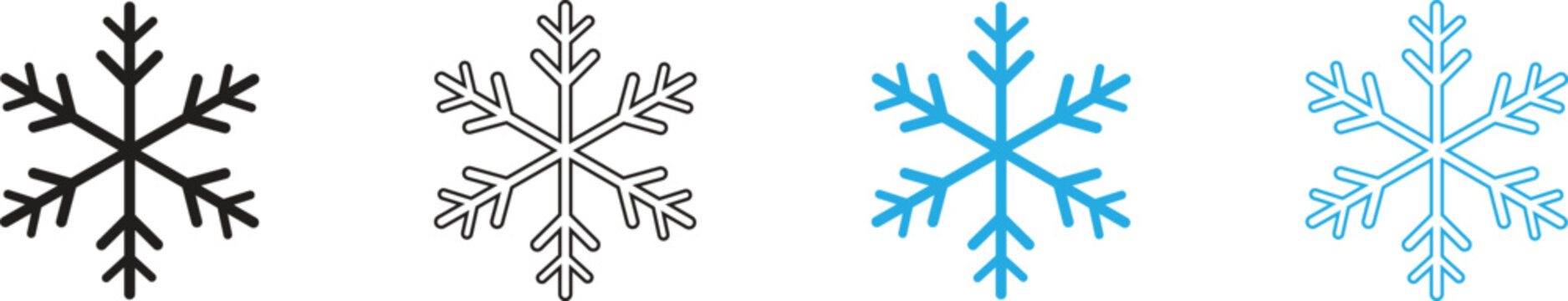 Snowflake icon set in blue and black colors, various winter ice crystal symbols in outline and minimalist styles for Christmas and holiday season design, cold weather vector graphics illustration.