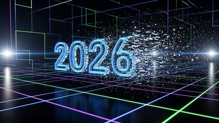 The year 2026 represented in a digital space, with colorful grids and glowing text.